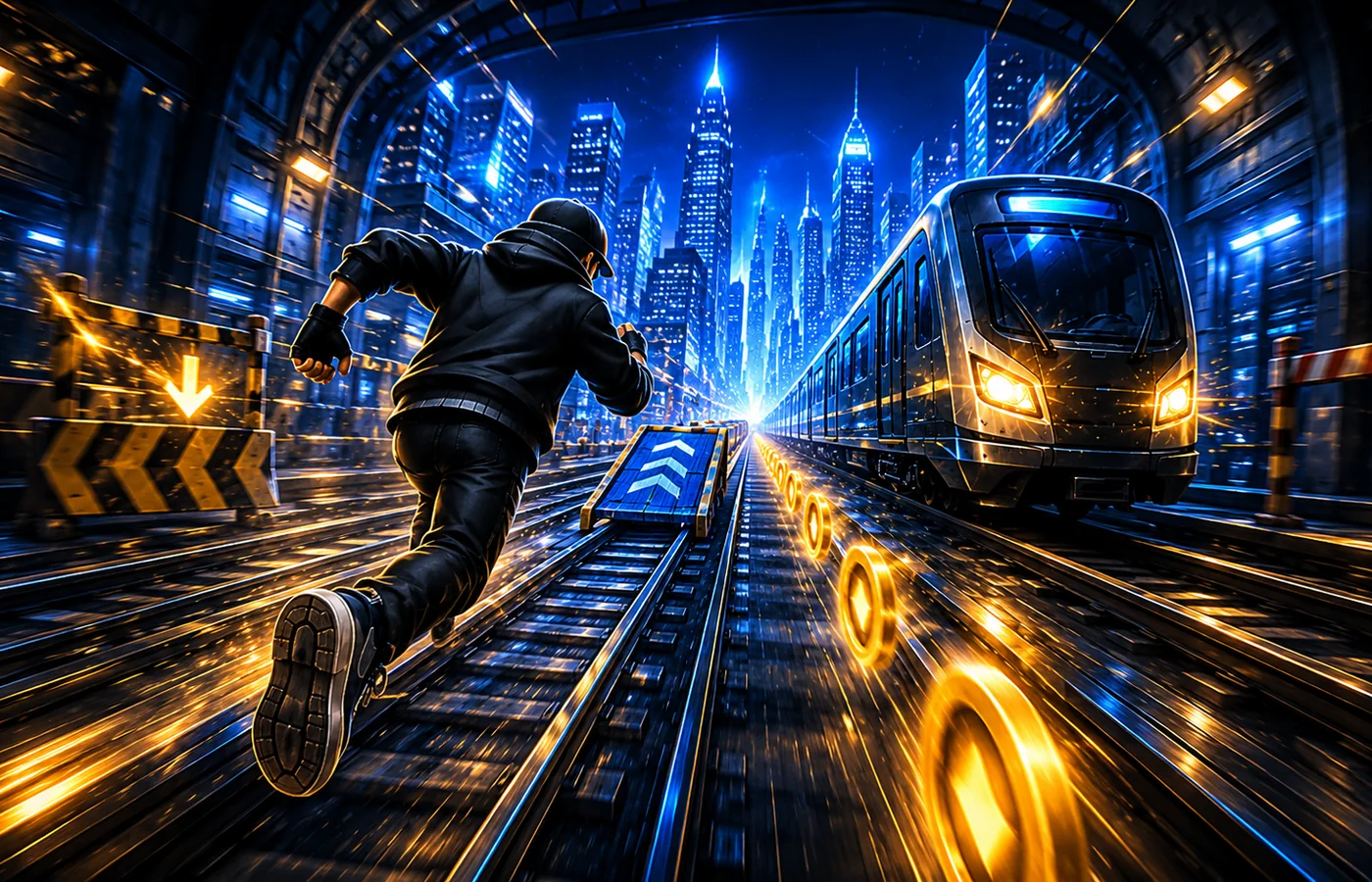 Runner jumping through a neon rail tunnel beside a train and collecting gold coins