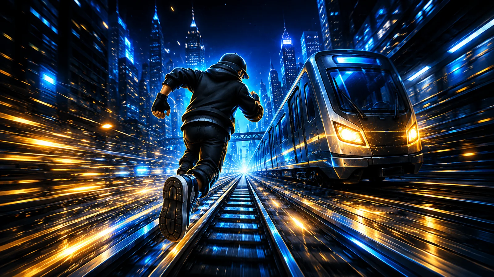 Runner sprinting beside a train through a blue and gold city at night