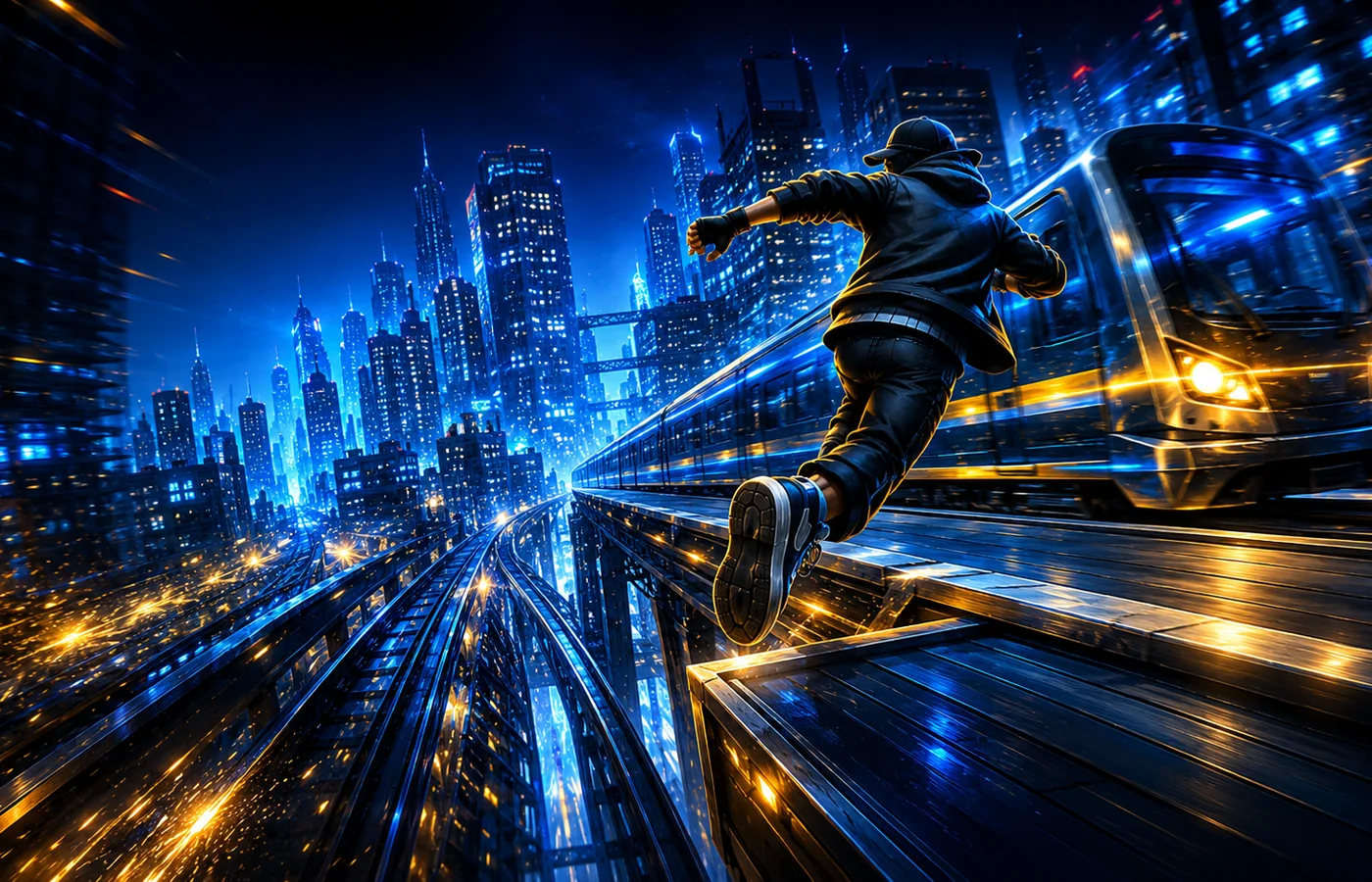 Runner racing across elevated train tracks in a blue and gold futuristic city